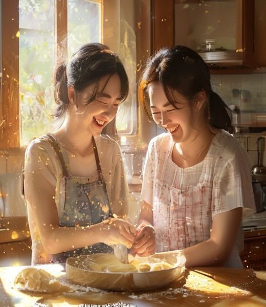 继母与继子女在明亮厨房中一起揉面团，两人面对面笑着，面粉与黄油的香气弥漫，阳光从窗户斜射进来，场景温暖真实，体现继母的香味在日常互动中建立情感连接