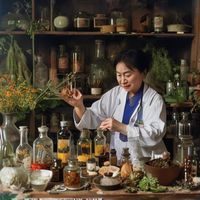 继母的香味东方香料研究员周昊的工作照，他在实验室中仔细检验一瓶草本植物提取物，周围摆放着各类植物标本与香料样品，神情专注而认真