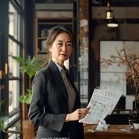 继母的香味品牌创意总监陈建的工作照，他手持品牌视觉稿，站在充满东方美学元素的办公室中，眼神专注，展现出对品牌美学的深度投入