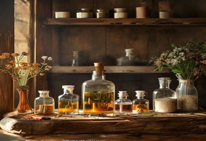 继母的香味品牌工坊内景，调香师正在专注地将东方草本植物精油混合调制，木质工作台上摆放着各类天然香料与玻璃瓶，光线温暖自然，氛围宁静专注